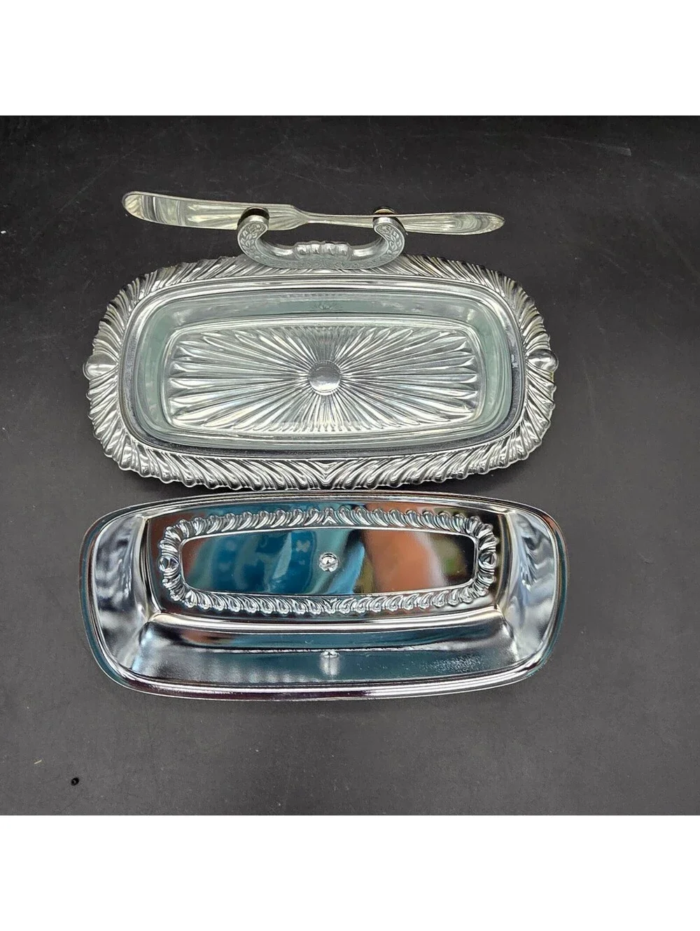 Vintage Irvinware Chrome Butter Dish Covered Set with Spreader Glass Liner USA